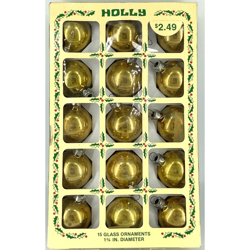 Vintage Holly Decorations Gold Glass Christmas Ball Ornaments 1.75" Box of 15